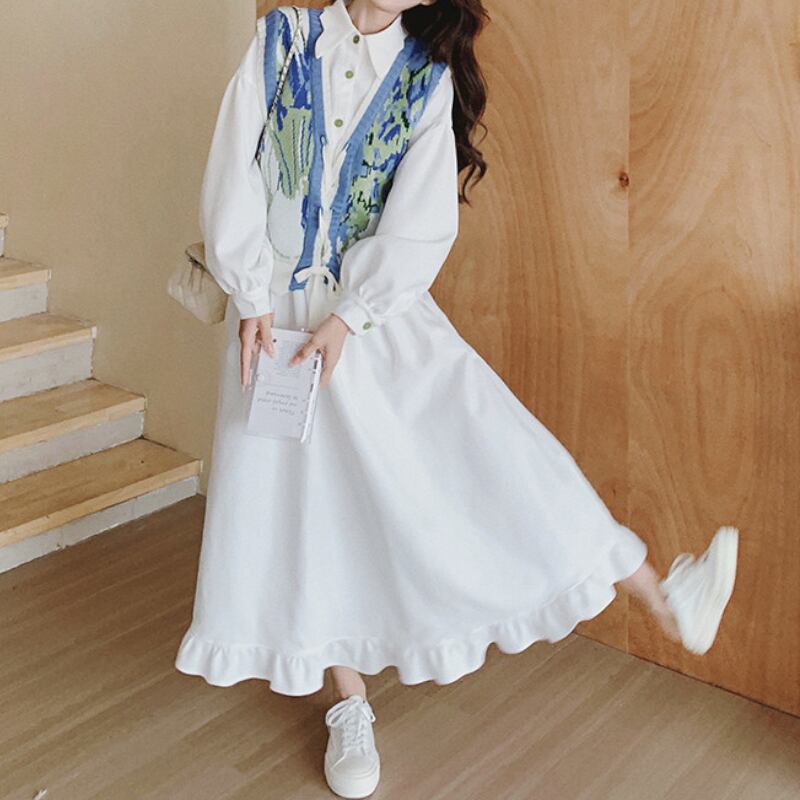 White Shirt Maxi Dress & Blue Knit Vest Set S0304