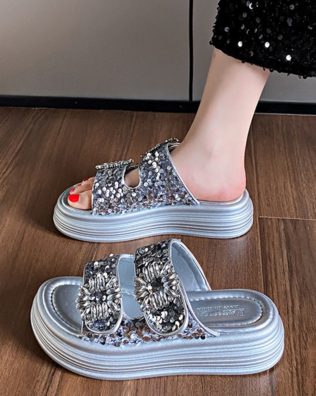 ビジューサンダル ダブルビジューサンダル NANAJIHYANG ヒチャン