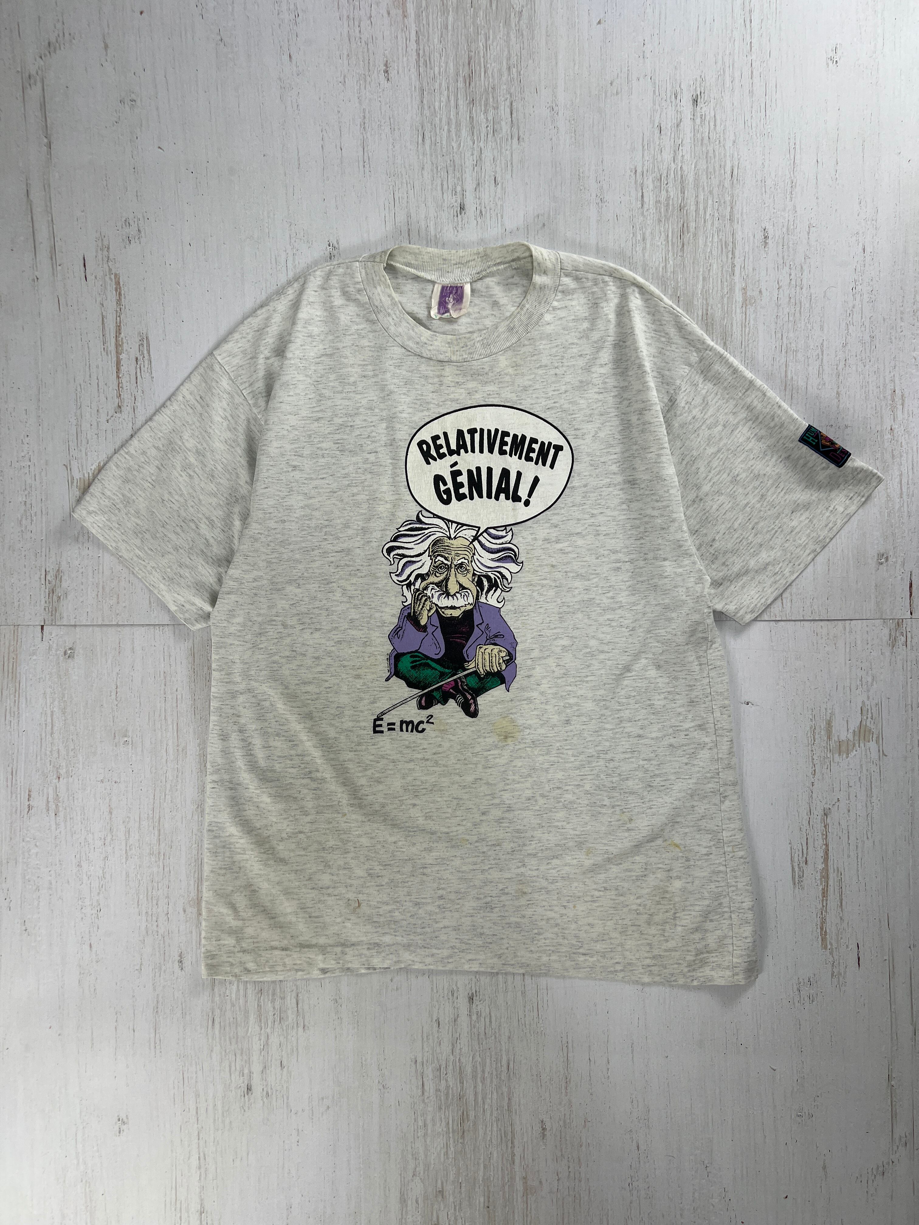90年代 ユーモア グラフィックTシャツ アインシュタイン 相対的に天才!」杢グレー USA製 XL #F549