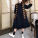 シャツワンピース 長袖 レディース ミモレ丈 Aライン フェイク 袖 ボーダー 黒 襟 ボタン 無地 シンプル 秋冬 カジュアル 可愛い ybh1966