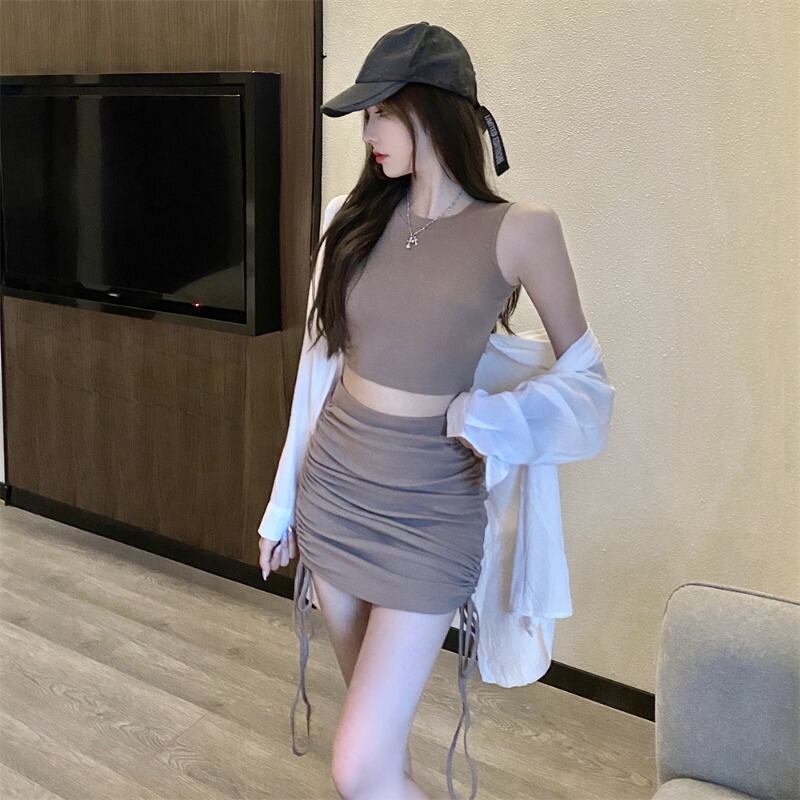 ラウンドネックショートノースリーブハイウェストウェストギャザースカート ジャケット オータム ロング 半袖 ハーフスリーブ 秋物 Oネック ハンチェンe33456892830