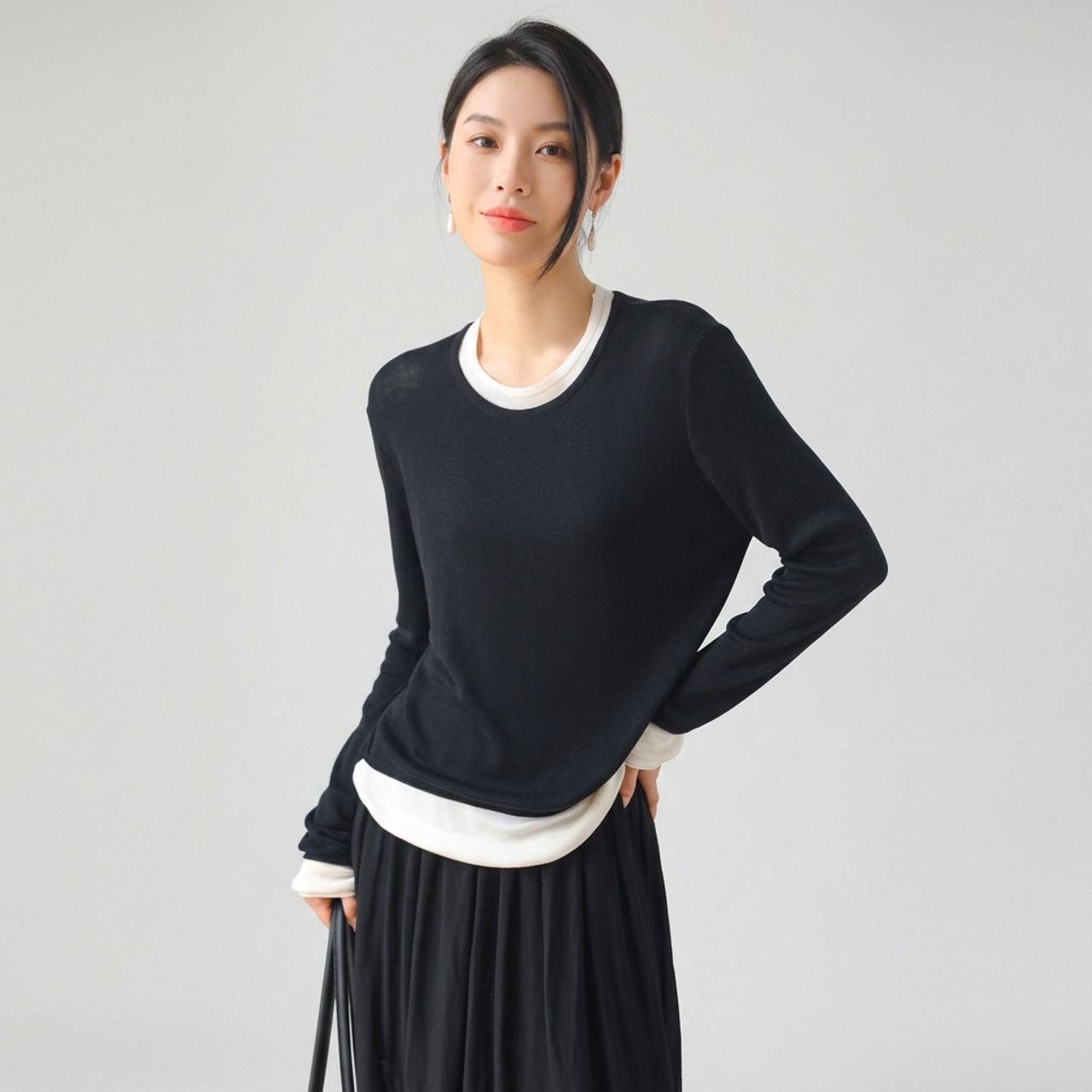 重ね着風 長袖トップス   4colors  26015・画像2