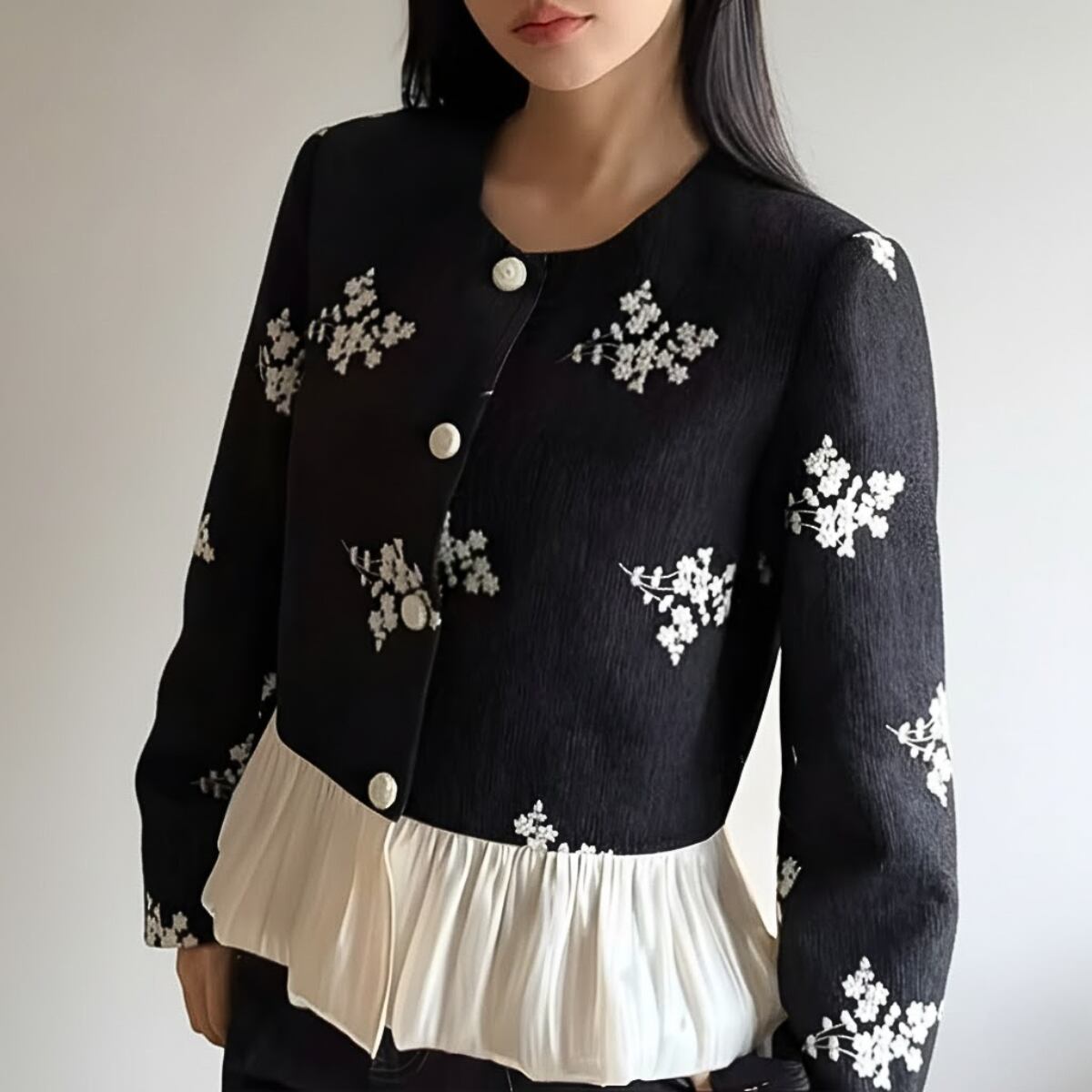Floral Jacquard Frill Hem Jacket ch0221