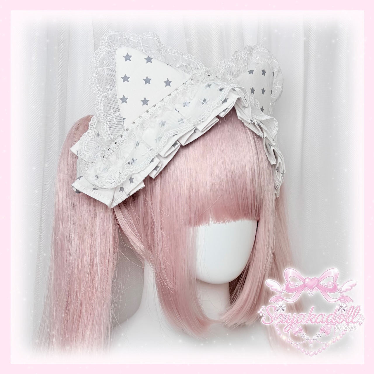 ♡【全3色】サブカル系 星柄&ホワイトフリル 猫耳ヘッドドレス pink ♡