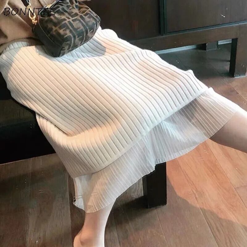 【新作】【送料無料】 スカート女性 A ライン冬ルーズエレガントなレジャートレンディなパッチワークシンプルなオールマッチ韓国スタイルレディースミディハイウエストニット 0286010122586