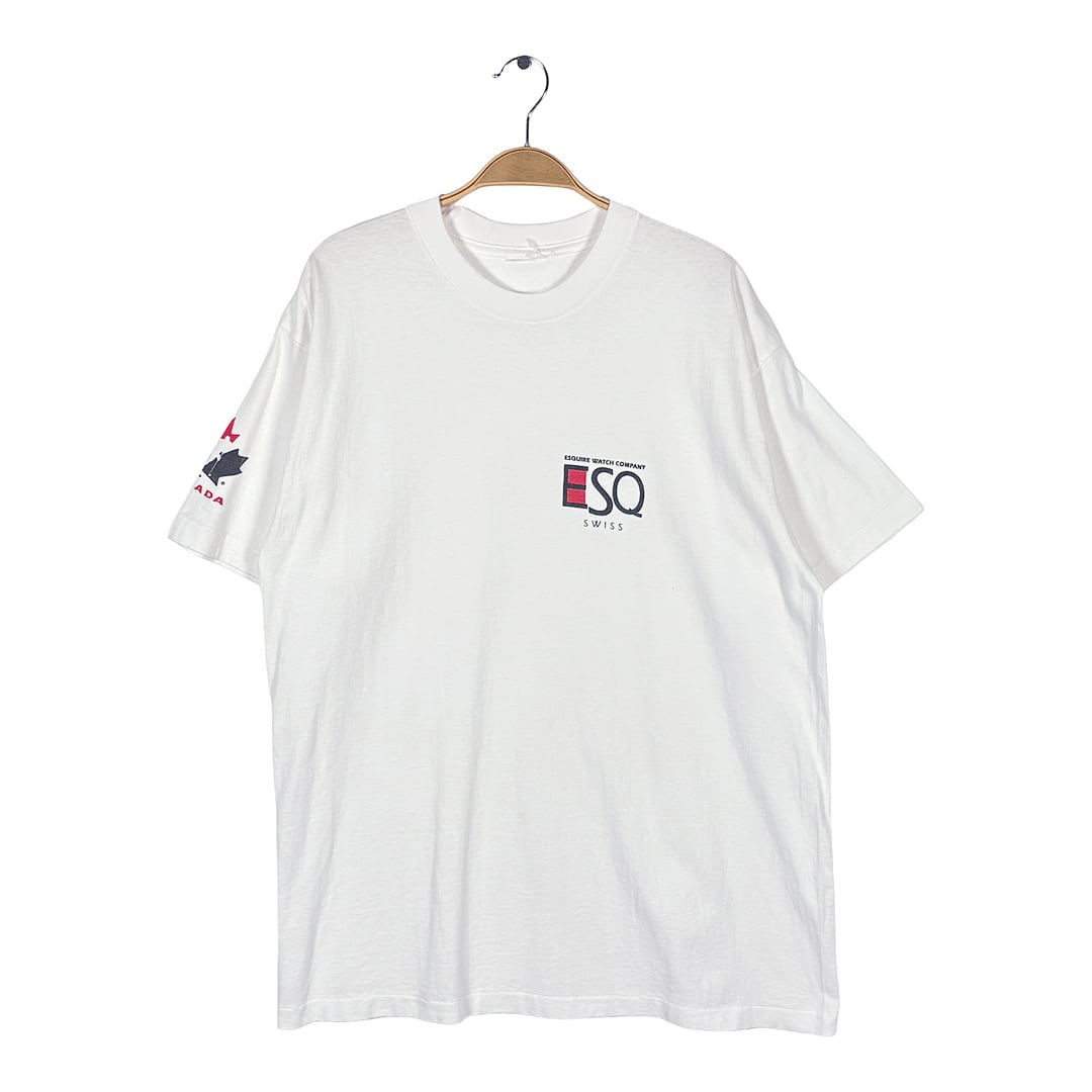 90s エスカイヤウォッチカンパニー ESQ SWISS ヴィンテージ Tシャツ 企業系 腕時計 ホッケー カナダ代表 ホワイト シングルステッチ サイズXL相当 BZ0689