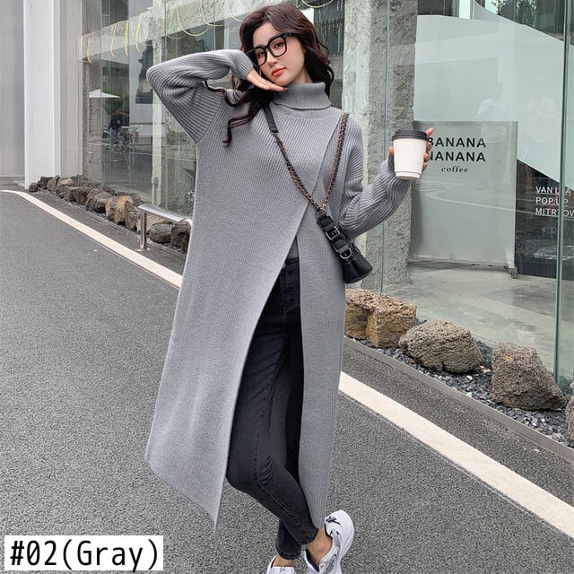 EWQ】スウィートオレンジ ニットロングスリットワンピース