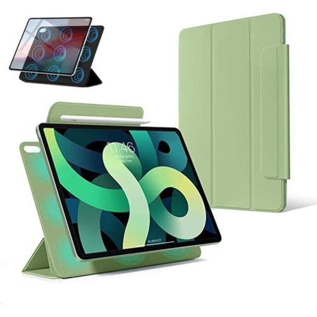磁気吸付 iPad Air5 2022 第5世代 ケース iPad Air4 10.9インチケース 2020 第4世代 超薄型 三つ折スタンド スマートケース オートスリープ機能 アイパッドエアー4 エアー5 ケース 人気 手帳型 レザー Apple Pencilの充電に対応 カッコいい 緑 iPad Air4/Air 5 7
