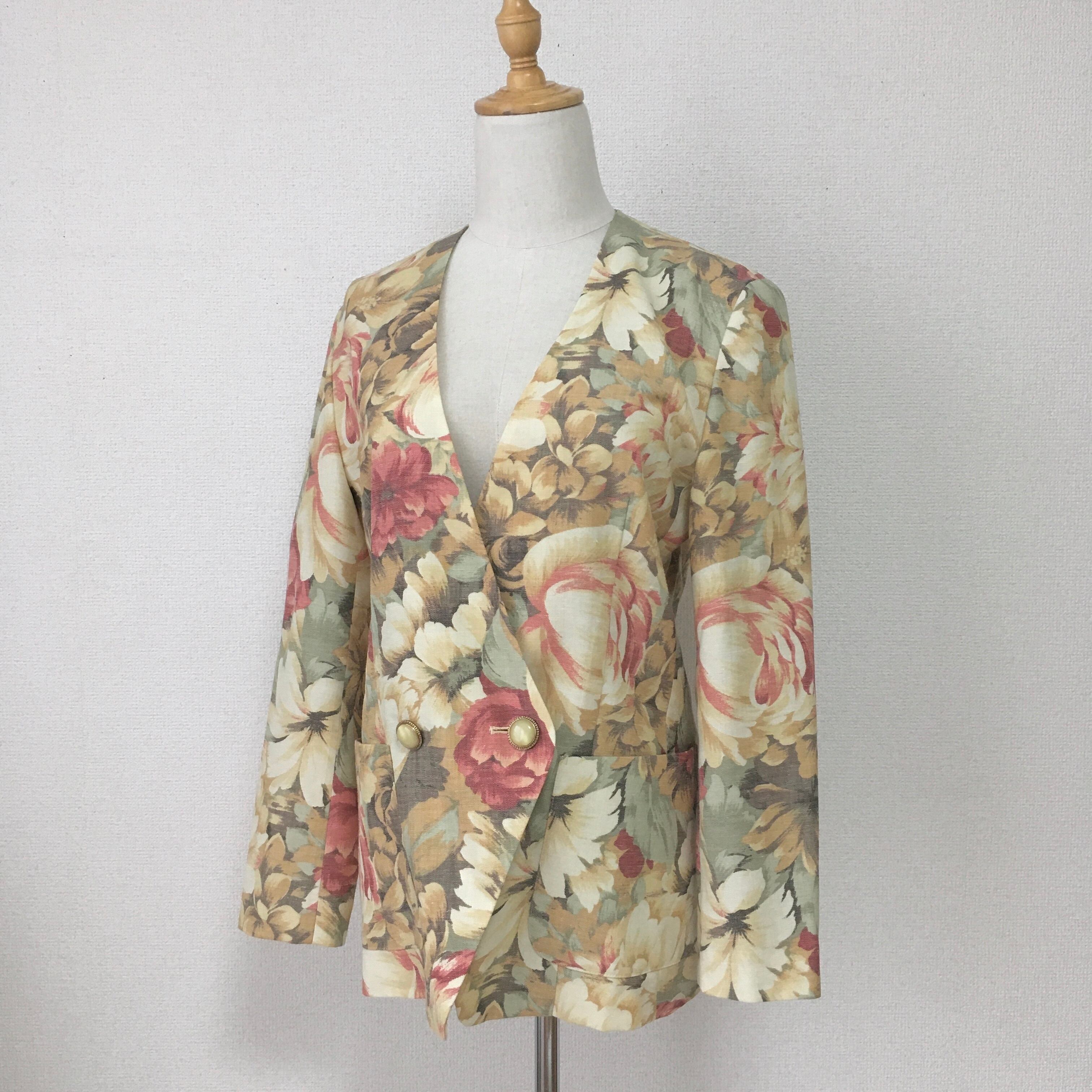 linen blend flower collarless jacket〈レトロ古着 麻混生地 花柄ノーカラージャケット〉 RiLOU〈リル〉