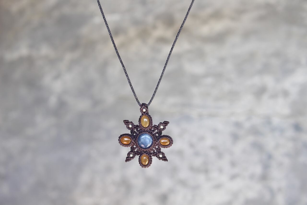 Kyanite & Hessonite Garnet micro macrame mandala pendant