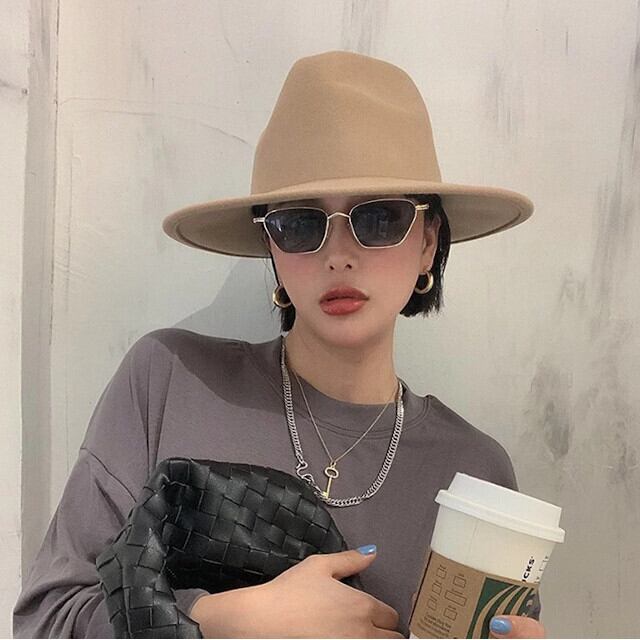 ハット レディース 帽子 女優帽 ウール フェルト つば広 かっこいい おしゃれ トレンド こなれ感 シンプル 華やか ゴージャス キャメル/ブラック