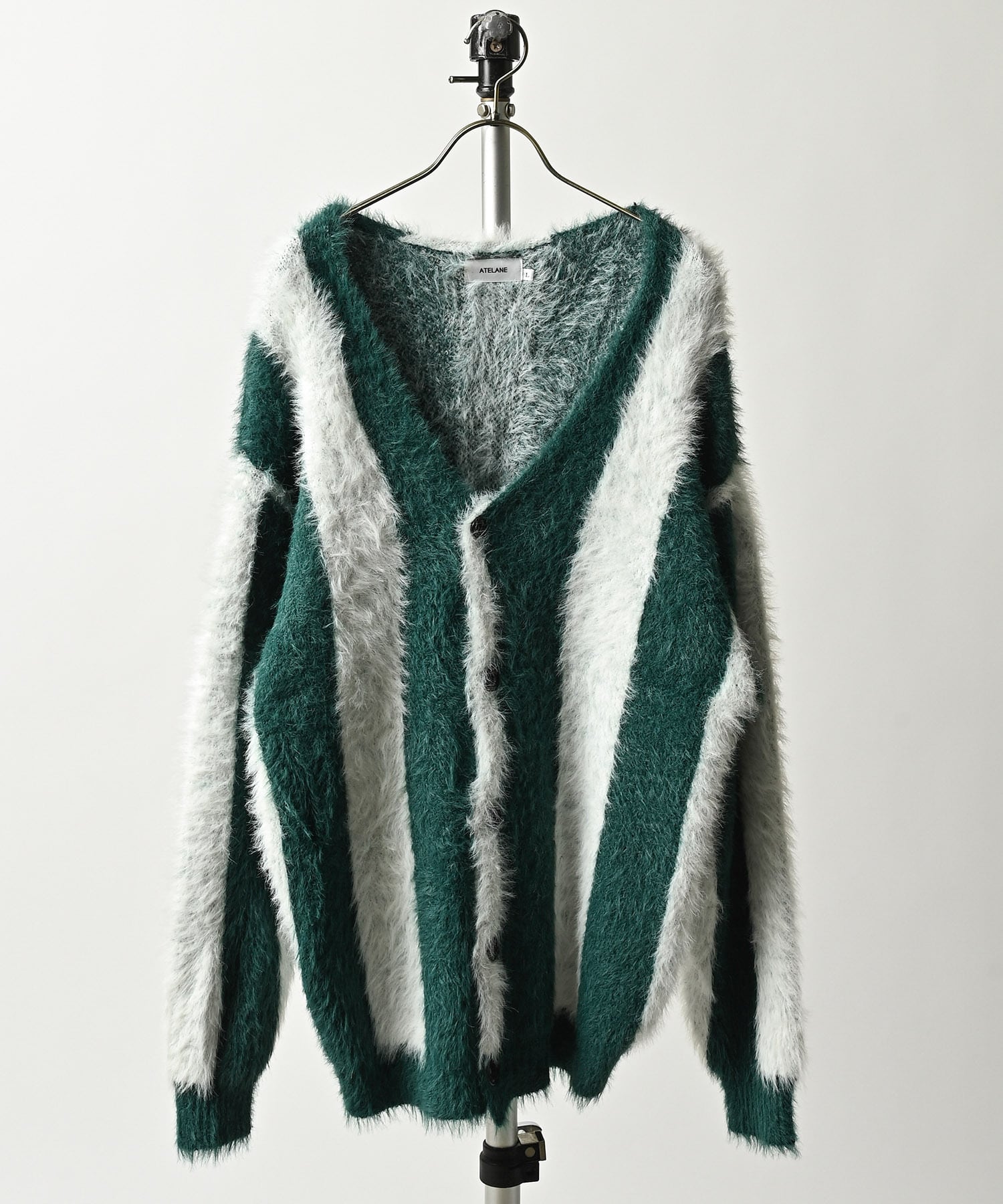 ATELANE Nylon Poly Shaggy Striped V-Neck Cardigan (GRN/OFF) 25A-21042