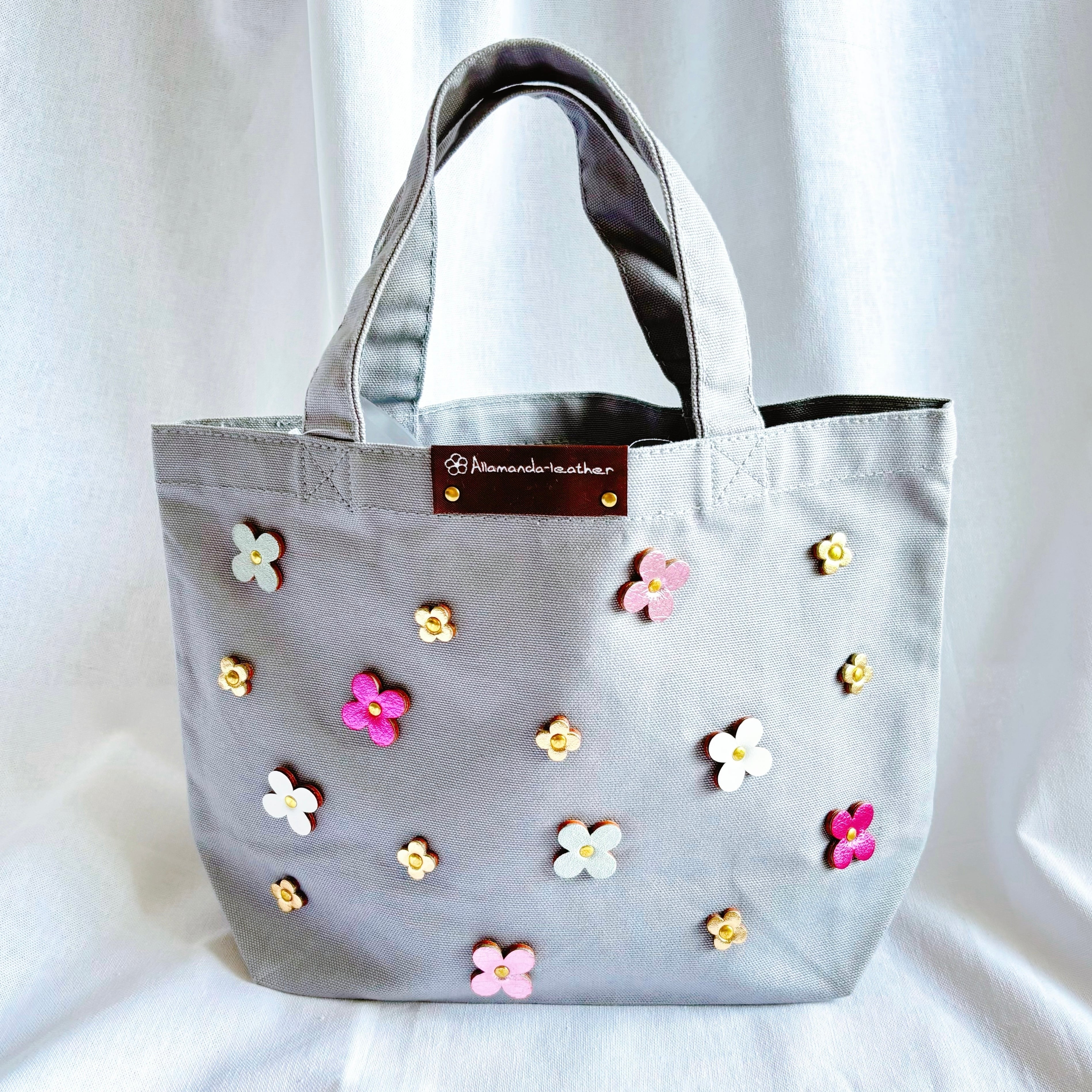 ランチトートバッグSサイズ(Bagグレー花色ピンクカラー) | Allamanda