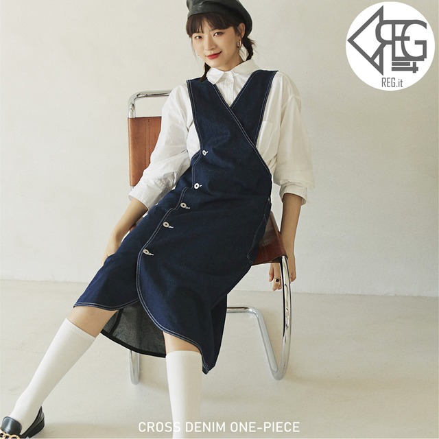 【REGIT】CROSS DENIM ONE-PIECE S/S 韓国ファッション ワンピース デニム ロング丈 個性的 10代 20代 プチプラ 着回し 着映え ネット通販 TAJ004