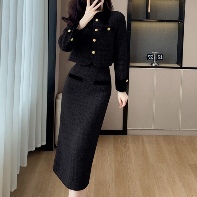 Single breast elegant long tweed dress set up ( 4color )