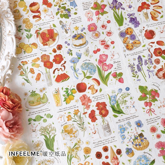 花と果物とうさぎのPETシール6枚セット　余生假日シリーズ【Infeel.Me】[IM-1s]