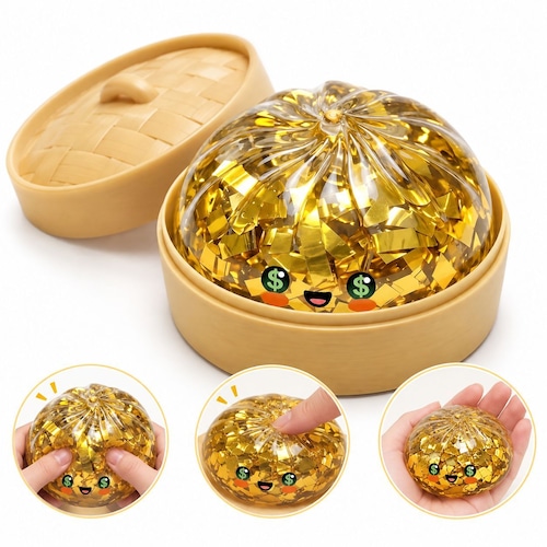 SNSでバズり中!新作 スクイーズ 金色肉まん 肉まん もちもち ぷにぷに キラキラ ゴールド 蒸籠付き SNSで話題 SNS映え 動画映え 感触玩具 ストレス解消 癒しグッズ おもしろ雑貨 子供 大人 プレゼント 商品画像4