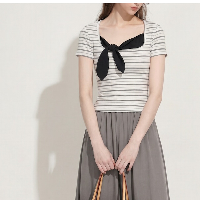 フロントリボン ボーダータイトカットソー　ch0587