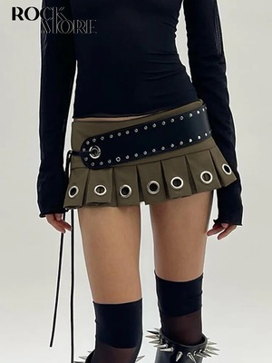 Rockmore ローウエストシックなアイレットプリーツミニスカート女性ホットセクシーなネクタイベルトカーゴスカートヴィンテージストリートクラブウェア衣装 ハーネス ビンテージ rg0805c9241387525