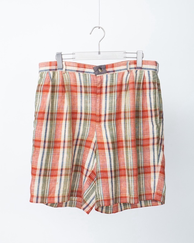 madras check pattern wide silhouette linen tuck short trousers