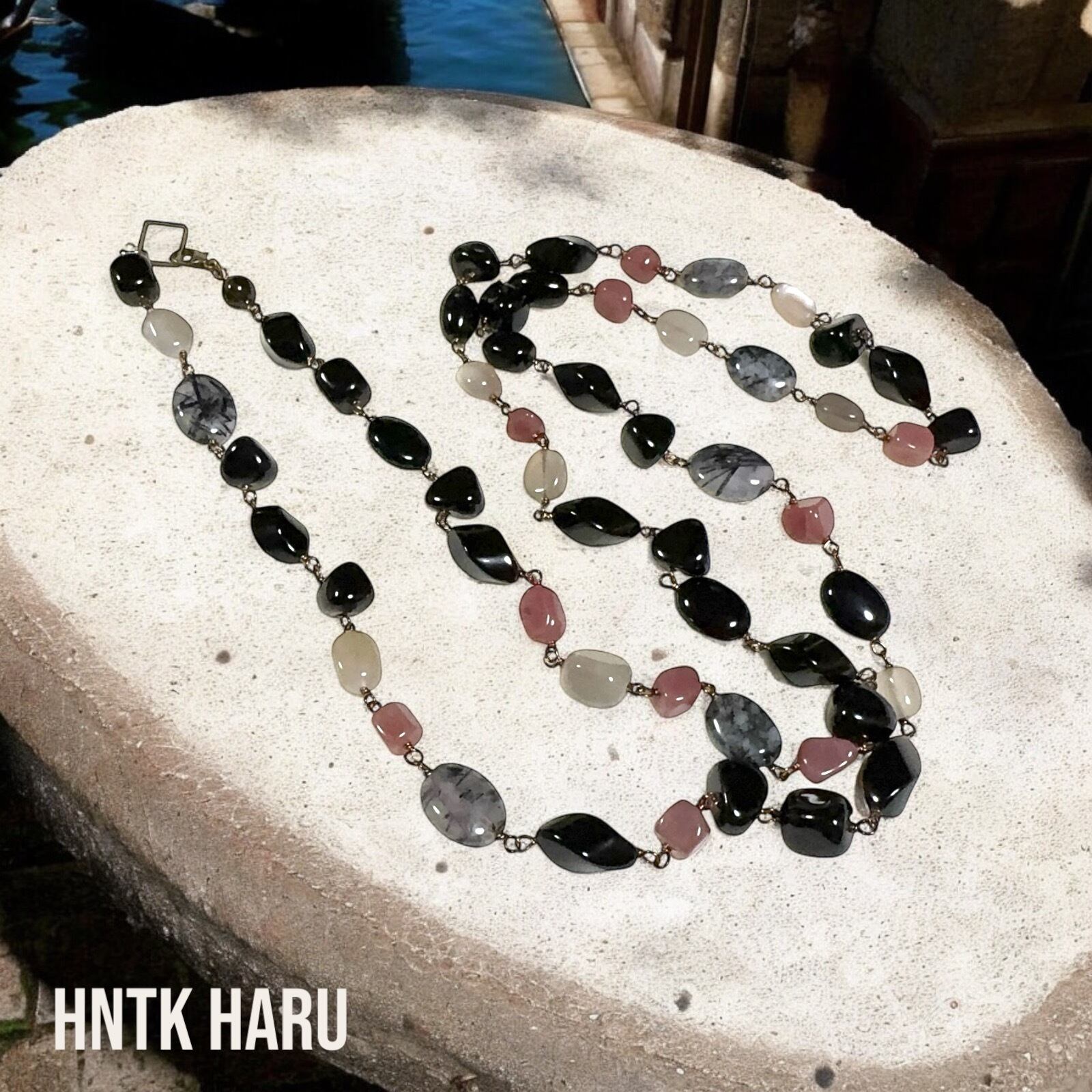 HNTK ブラックルチルクォーツ＆オニキス ロングネックレス N0712
