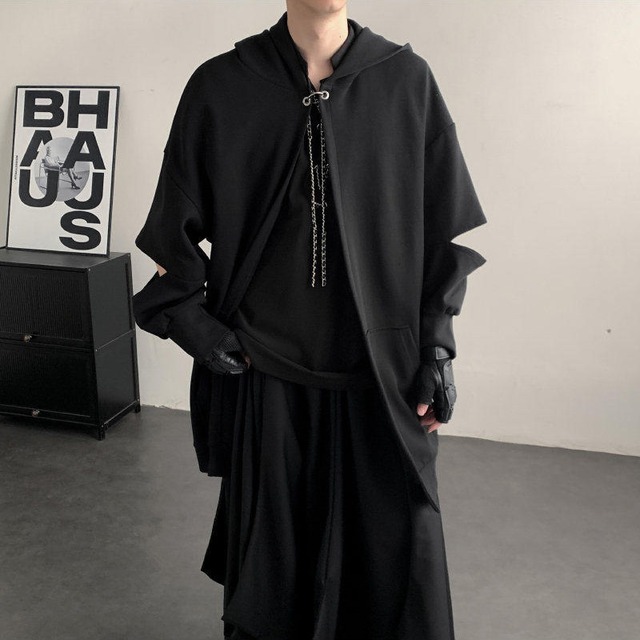 ♥闇を纏い、風景になる！【入画シリーズ】★チャイナ風アウター★ ユニセックス 帽子付き ブラック 黒い