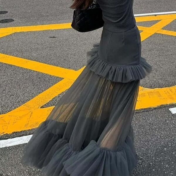 FURFUR スカート チュール シースルー 切り替え シースルー チュール レース 切り替え 白ホワイト 黒ブラック