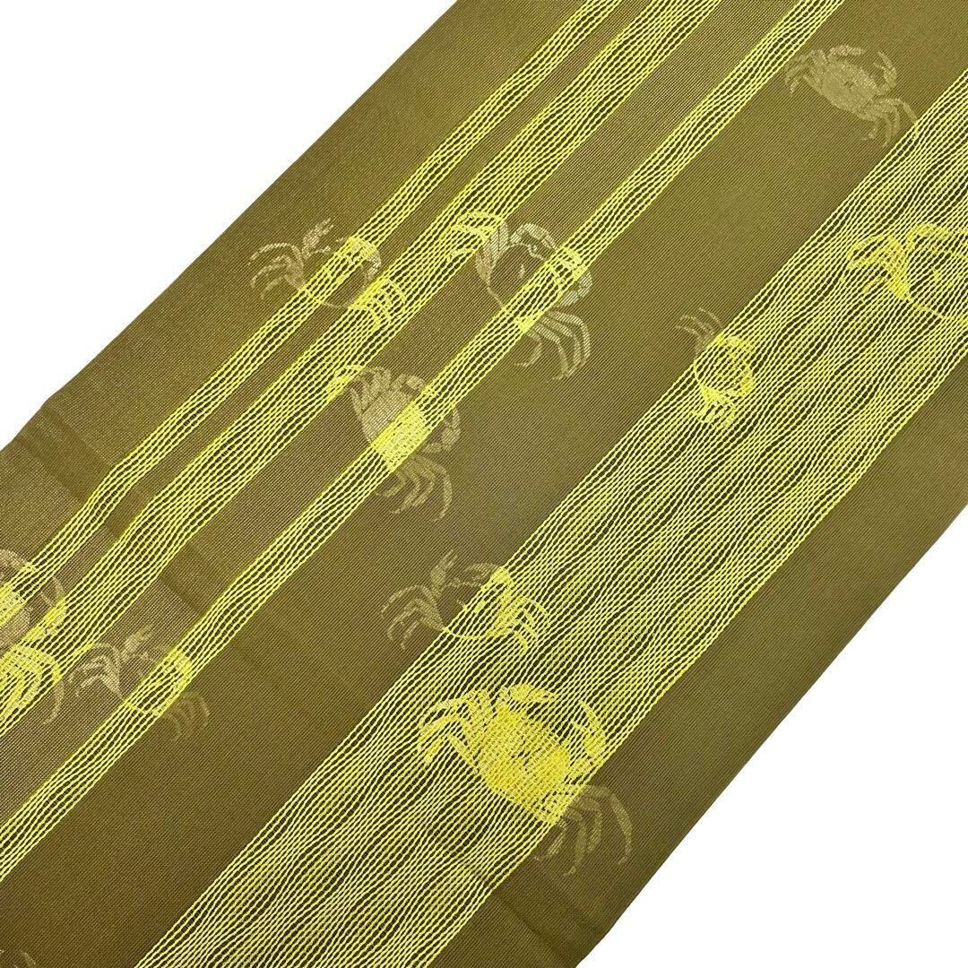 袋帯 紗紬から透けて見える蟹柄 縦よれ縞織模様 金通し 千歳茶色 O  