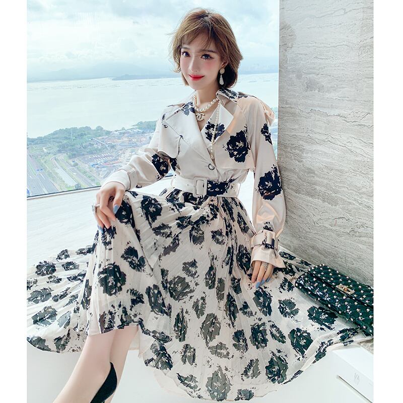 プリントスタイルウェストプリーツスカート ドレス レトロ MIUCO52569366461