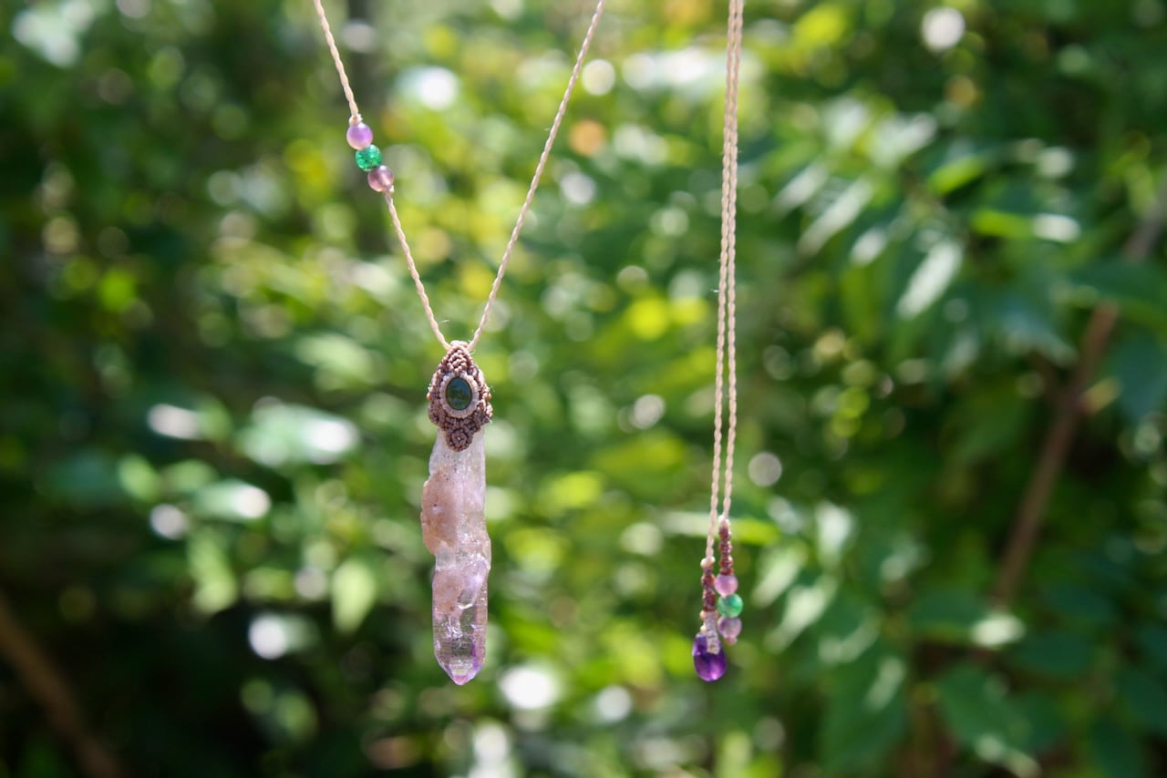 Amethyst point & Chrome Tourmaline  micro macrame pendant