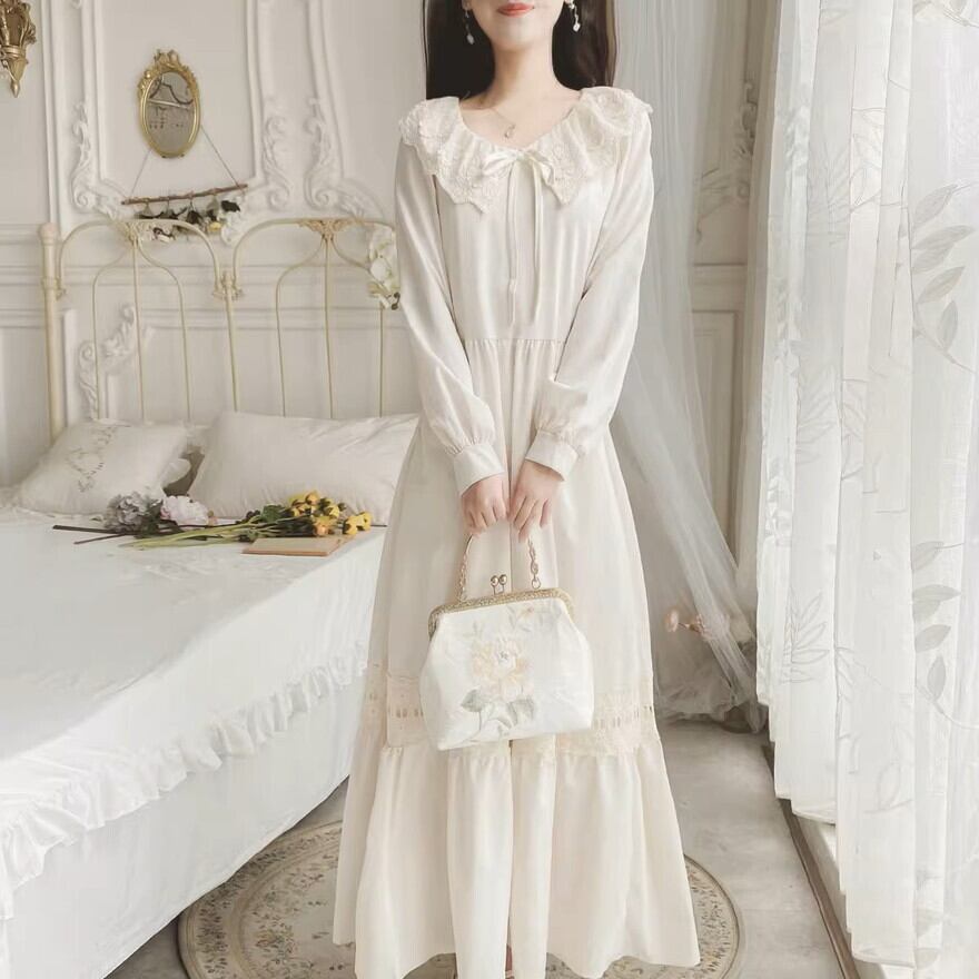 サブカル 服 地雷系 通販 クラロリ ワンピース ロング丈 かわいい レース ハイウエスト Aライン