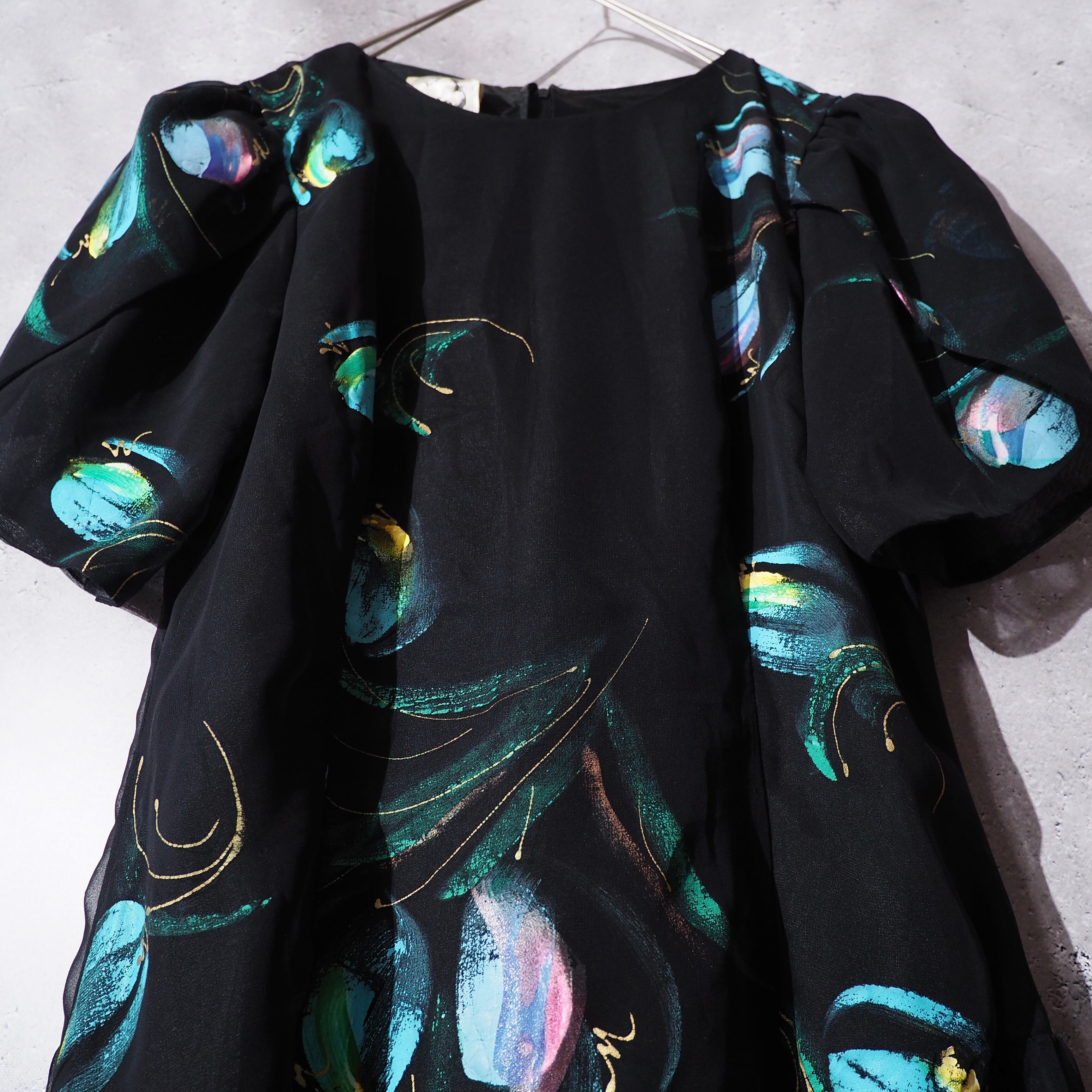 cold flower painted × asymmetry frill vintage onepiece dress