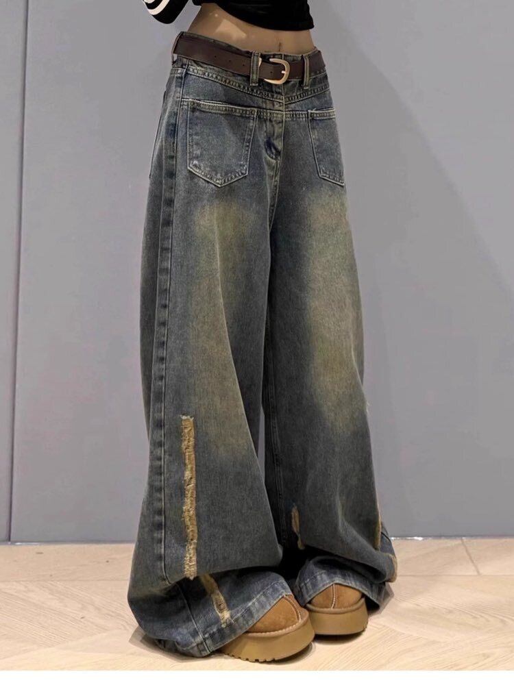 ゆるっと今っぽで差がつく サイドオープンワイドデニム お洒落 こなれ感 カジュアル Y2K ラフ 美脚 脚長 細見え 大きいサイズ 韓国 CH11539