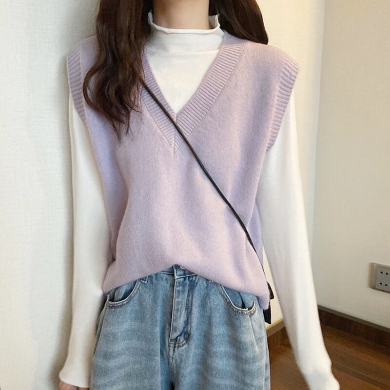 Vネックニットスプリングオータムスタンダードセーター レトロ 春物 秋物 パープル 試着室13250549239