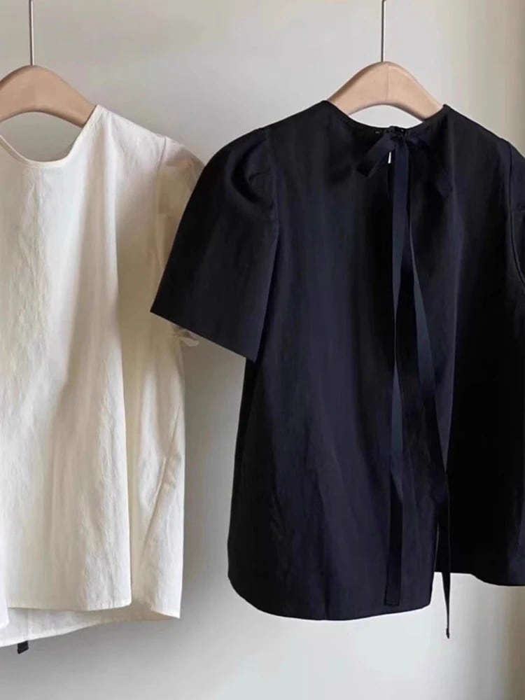 レディース バブルスリーブシャツ ブラック バタフライノット 韓国風 夏