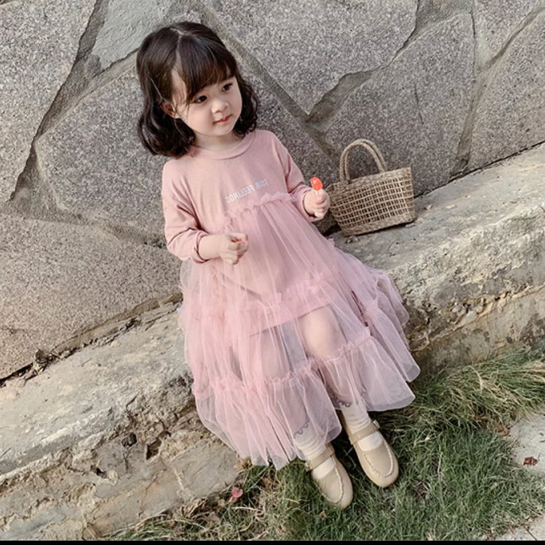 チュール切り替えロンTワンピース》》》》》海外子供服 春 女の子 ワンピース ピンク ブルー ドレス