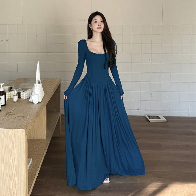 ロングワンピース 無地 スクエアネック カジュアル ブルー S M L