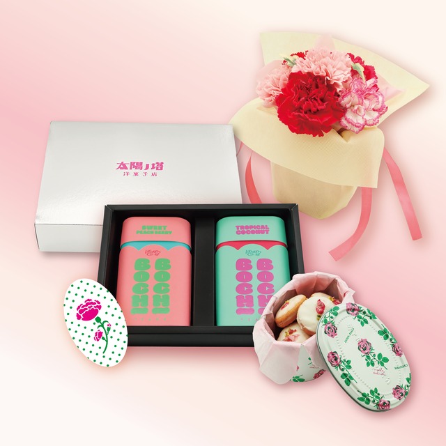 【母の日ギフト】5/8~10配送 ボチボチティーナ2種とタイヨウノカンカンmini 楕円缶フラワーギフト　／期間限定