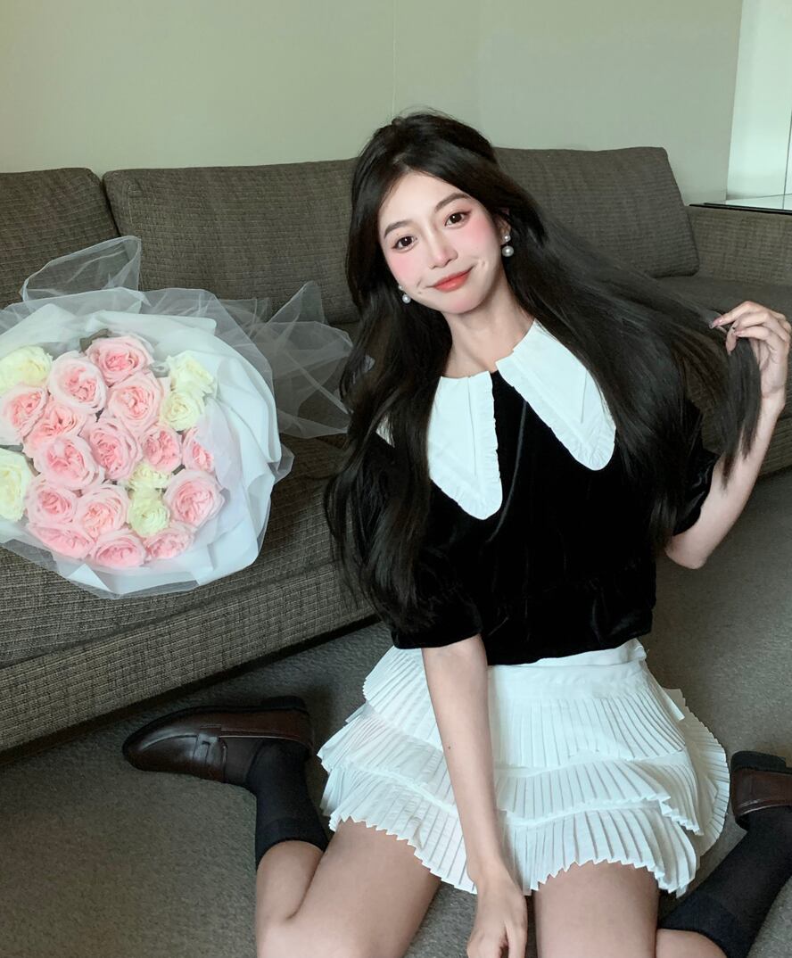 カラーベルベットシャツ サマーショートブラックスリーブ半袖トップス ハーフスリーブ 夏物 ブラックストロベリース98927215813