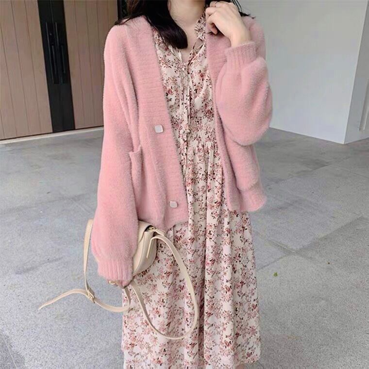 優しい雰囲気にきゅん 花柄リボンワンピースとピンクカーデのセットアップ K00 Amboise アンボワーズ