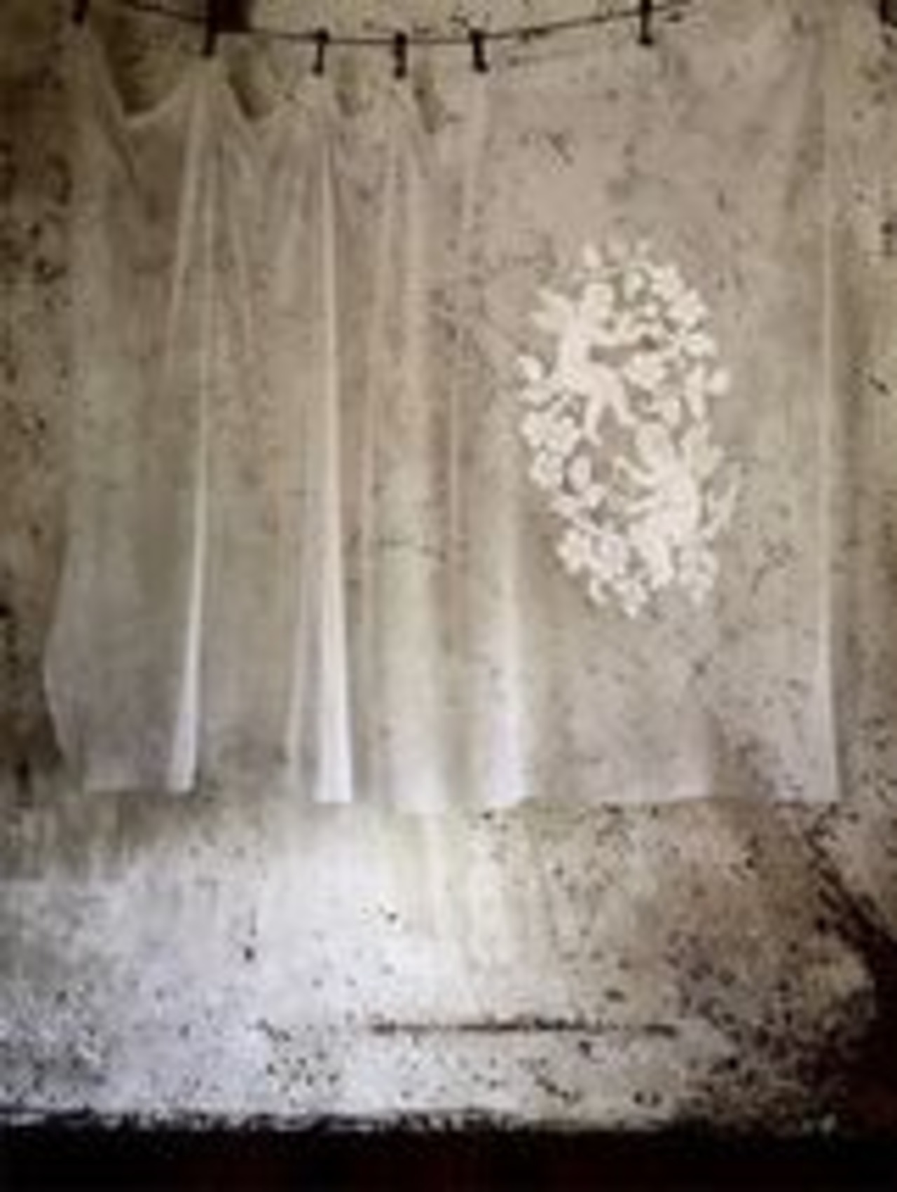 フランスアンティーク 1900s リネン 二人の天使とハンドメイドフィレレースカーテン 232x135c