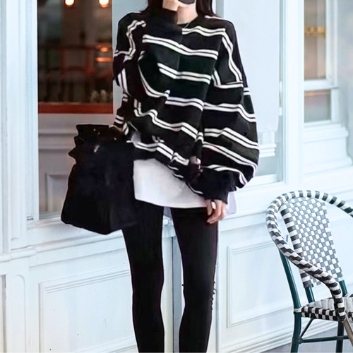 ボーダー柄ロングスリーブトレーナーロンTセット    00063