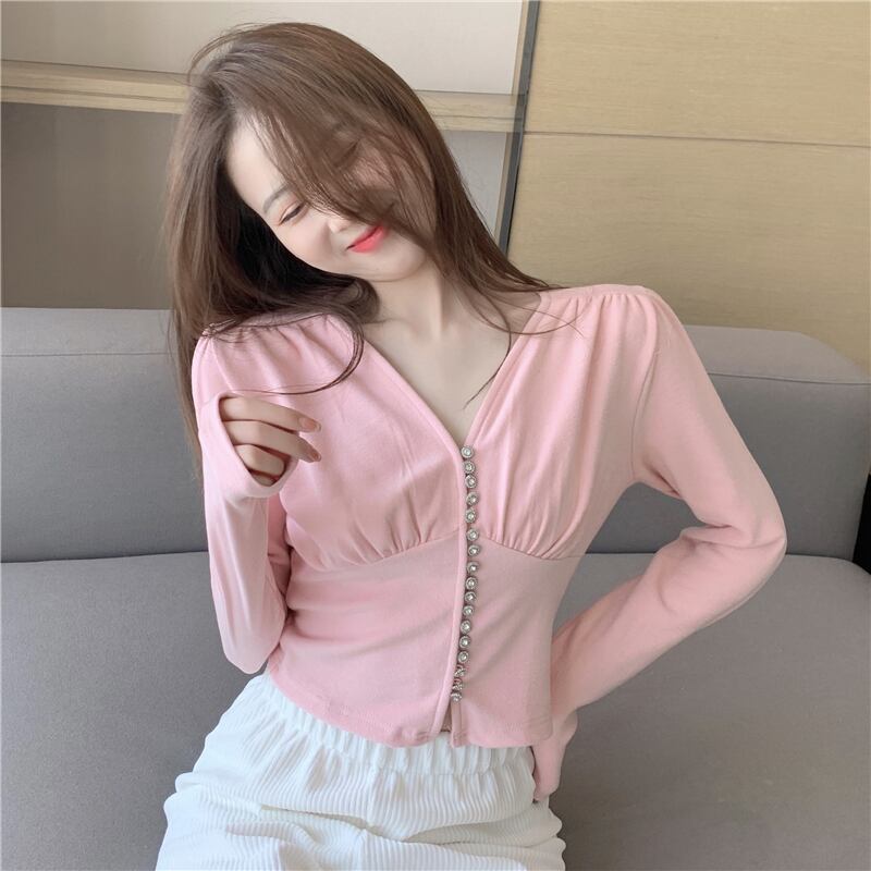 Tシャツ スプリングサマーVネックショートトップス ロング ピンク 春物 夏物 ブラックストロベリース89012032409