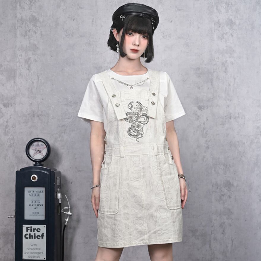 サブカル 服 地雷系 通販 チャイナ風服 古怪舎 オーバーオール 刺繍 蛇柄 中華系ファッション夏服