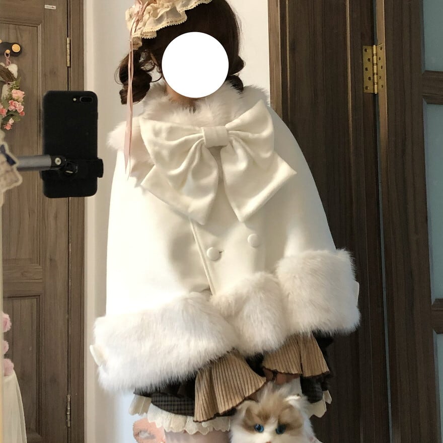 ファー付きリボンケープ風 ロリィタコート｜白ロリ・甘ロリ対応 冬