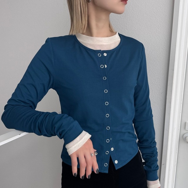 指穴クルーネックスナップボタンCD/ブルー