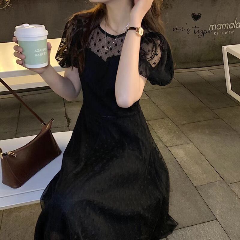 ブラックドレス サマースタイルロングラウンドネック半袖スリーブメッシュ ショート ハーフスリーブ 夏物 Oネック ビッグFスモールZ韓国55310725167
