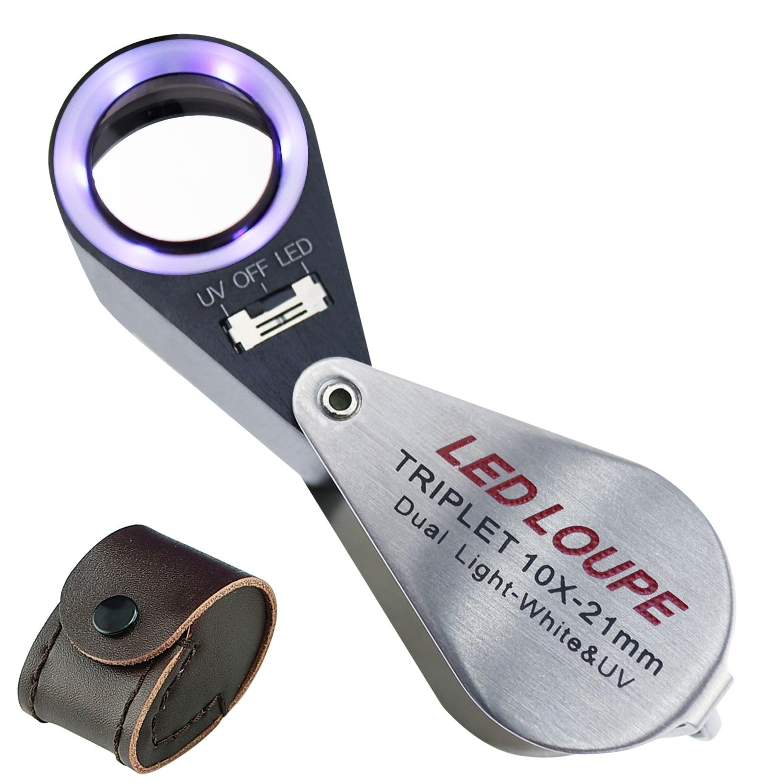 【特価処分】宝石用10倍ルーペ トリプレットレンズ拡大鏡 6個のLEDライトとUVライト付き 21mm 宝石/ジュエリー/コイン/スタンプ他用