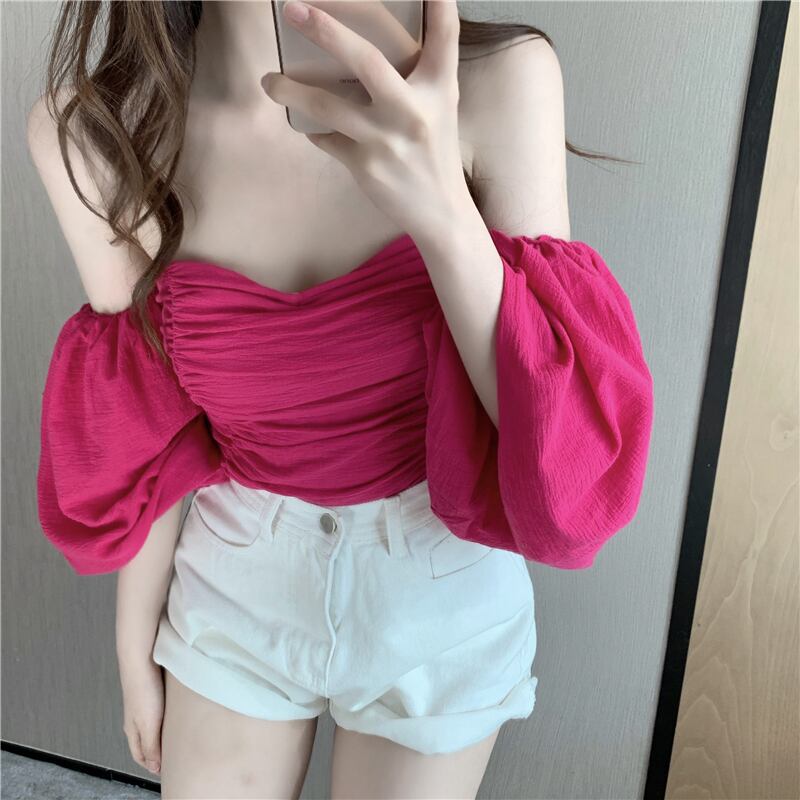 2020年夏のワンショルダー半袖シャツYショートトップ夏新作ニッチ白シャツ ブラックストロベリース84411672459