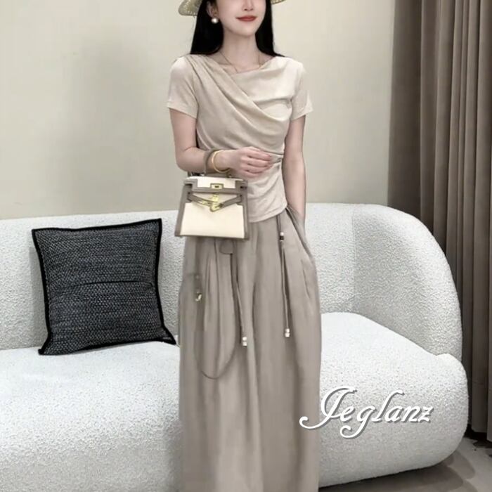 セットアップ 2点 半袖 トップス ワイド パンツ リラクシー 上品(MC813)κ☆